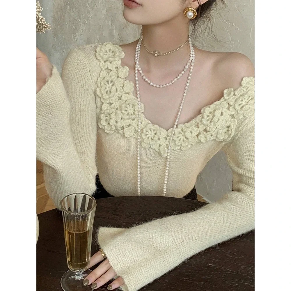 Commense Chic Cream Crochet Flower Trim V Neck Long Sleeve Crop Sweater Top L